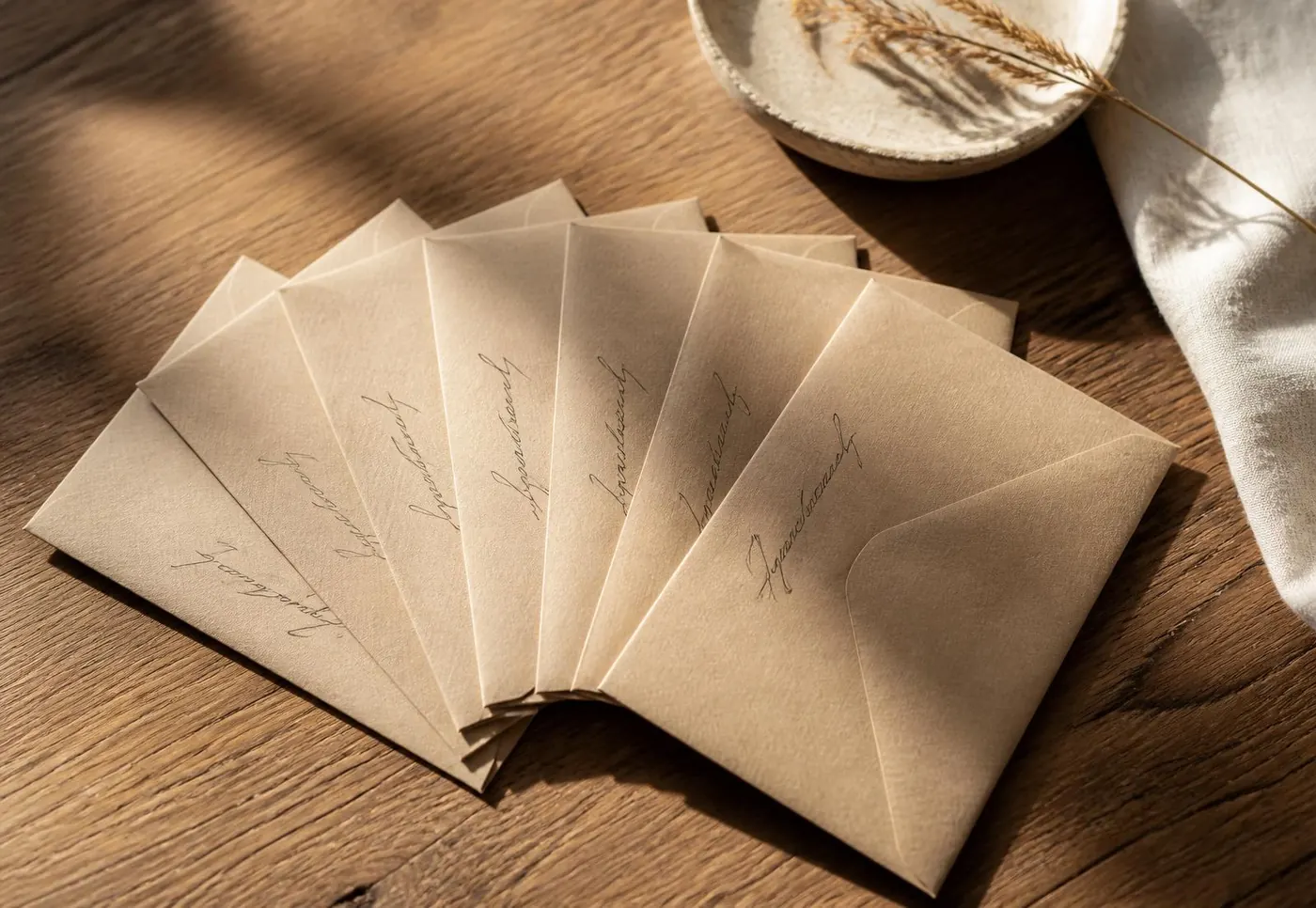 Envelopes de papel kraft dispostos sobre madeira clara.